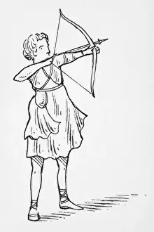 Aiming Prints: Black and white illustration of Roman goddess Diana holding a bow and arrow