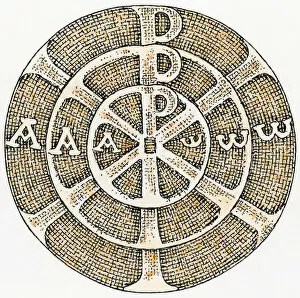 Black and white illustration of round symbol with three concentric circles and letters within