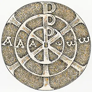 Letter W Prints: Black and white illustration of round symbol with three concentric circles and letters within