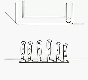 Black and white illustration of row of kitchen knife handles in a slot cut into the worktop