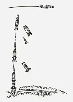 Images Dated 22nd April 2010: Black and white illustration of Saturn V rocket being launched