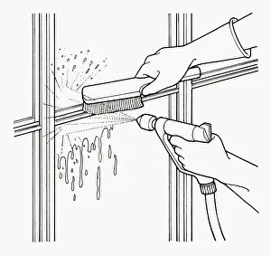 Greenhouse Prints: Black and white illustration of scrubbing mould from greenhouse window frame using water spray and b