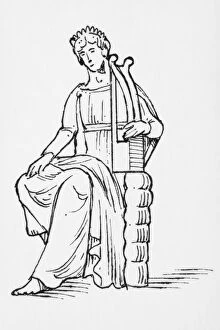 Black And White Illustration Gallery: Black and white illustration of seated Greek god Apollo playing lyre