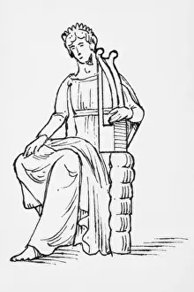 Authority Prints: Black and white illustration of seated Greek god Apollo playing lyre