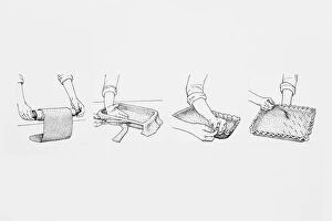 Images Dated 6th May 2009: Black and white illustration sequence showing how roll and line a pastry dish