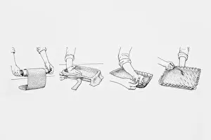 Black and white illustration sequence showing how roll and line a pastry dish