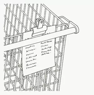 Black and white illustration of shopping list clipped to trolley