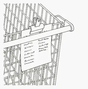 Reminder Prints: Black and white illustration of shopping list clipped to trolley