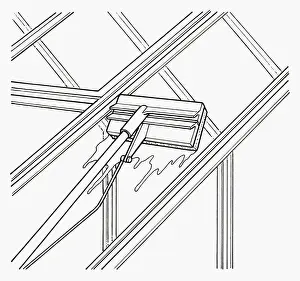 Greenhouse Prints: Black and white illustration showing how to clean greenhouse roof glass using long handled floor mop