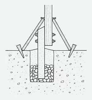 Black and white illustration showing concrete bolted to base of wooden post above soil