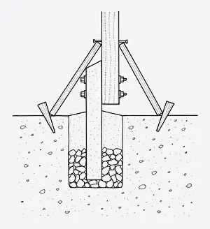 Wooden Post Prints: Black and white illustration showing concrete bolted to base of wooden post above soil