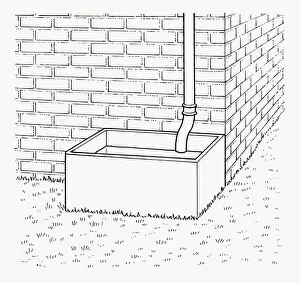 Images Dated 29th September 2009: Black and white illustration showing end of downpipe inside water storage tank next to wall