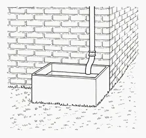 Brick Wall Prints: Black and white illustration showing end of downpipe inside water storage tank next to wall
