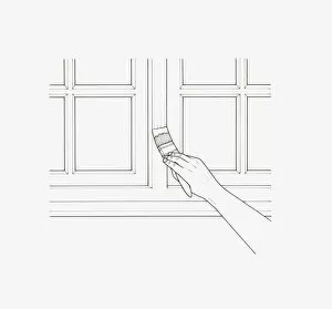 Black and white illustration showing hand holding paintbrush applying paint to window frame