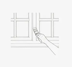 Window Frame Prints: Black and white illustration showing hand holding paintbrush applying paint to window frame
