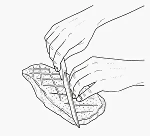 Scoring Prints: Black and white illustration showing how to prepare duck breast for grilling or frying by scoring sk