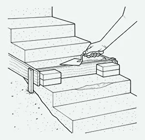Support Gallery: Black and white illustration showing how to repair concrete steps using trowel