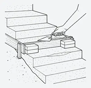 Trowel Prints: Black and white illustration showing how to repair concrete steps using trowel
