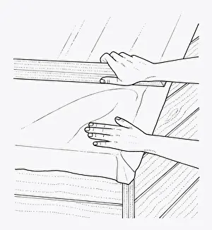 Eaves Prints: Black and white illustration showing how to use piece of wood to smooth out air pockets in new felt