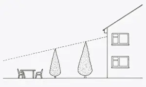 Front Or Back Yard Prints: Black and white illustration of showing how to use trees for shade and privacy in garden