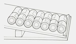 Images Dated 22nd January 2010: Black and white illustration of a sloping shelf containing cans