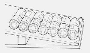 Storage Compartment Prints: Black and white illustration of a sloping shelf containing cans