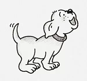 Tail Gallery: Black and white illustration of a small dog wagging tail, side view