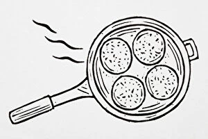 Black and white illustration of four small pancakes in frying pan