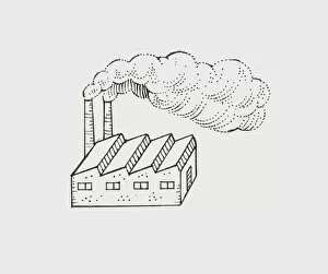 Black And White Illustration Gallery: Black and White illustration of smoke billowing from factory chimneys