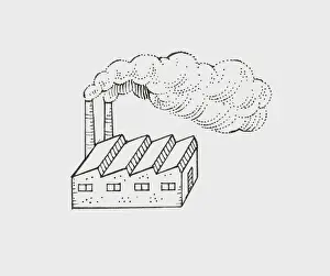 Air Pollution Prints: Black and White illustration of smoke billowing from factory chimneys