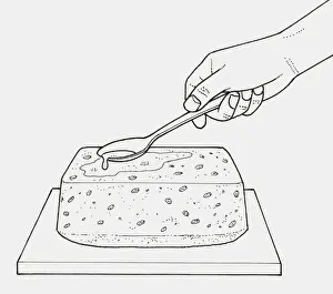 Spoon Prints: Black and white illustration of spooning syrup on top of baked cake
