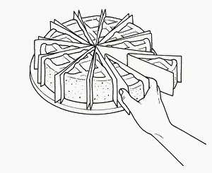 Removing Prints: Black and white illustration of storing gateau slices in pieces separated by waxproof paper