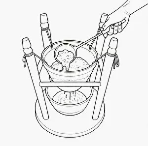 Images Dated 1st October 2009: Black and white illustration of straining jelly through bag tied to upturned stool with bowl on base