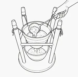 Resourceful Prints: Black and white illustration of straining jelly through bag tied to upturned stool with bowl on base