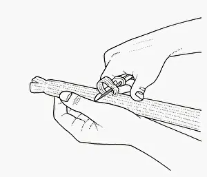 Peeling Prints: Black and white illustration of stringing celery using vegetable peeler