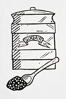 Spoon Prints: Black and white illustration of sugar in jar and spoon