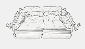 Neat Prints: Black and white illustration of suitcase packed efficiently with items folded and arranged to maximise space