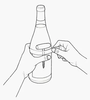 Images Dated 1st October 2009: Black and white illustration of taping corkscrew to wine bottle