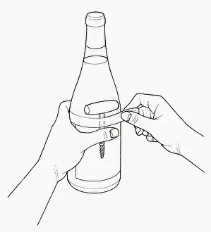 Tape Prints: Black and white illustration of taping corkscrew to wine bottle