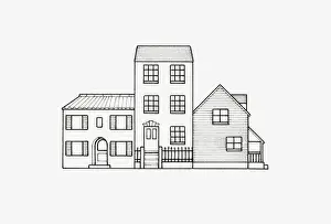 Villa Prints: Black and white illustration of terrace of three very different styles of house