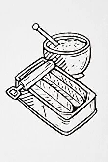 Images Dated 12th July 2007: Black and white illustration of tin of herrings and bowl of horseradish dip