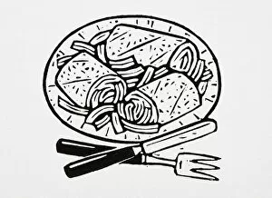 Images Dated 26th July 2007: Black and white illustration of tortilla wraps on a plate, fork and knife