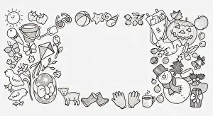 Arrangement Prints: Black and white illustration of toys arranged to form a border