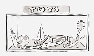 Western Script Gallery: Black and white illustration of toys displayed in shop window