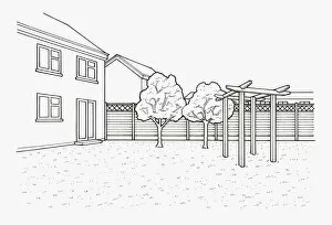 Images Dated 25th September 2009: Black and white illustration of trees and pergola in garden and fence with trellis above