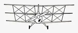 Line Drawing Prints: Black and white illustration of triplane propeller aircraft