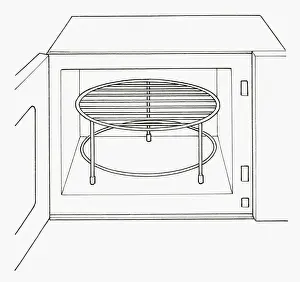 Black and white illustration of trivet inside open microwave