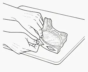 Dried Food Prints: Black and white illustration of tucking dried apricots into slit it pork chop fat