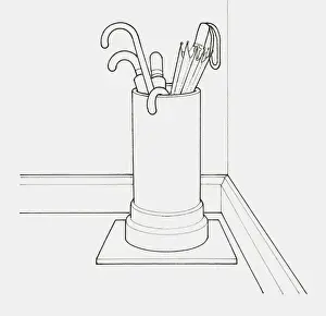 Black and white illustration of umbrellas stored in an old earthenware pipe, placed on a ceramic tile