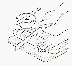 Thick Gallery: Black and white illustration of using bread knife to cut baguette into thick slices